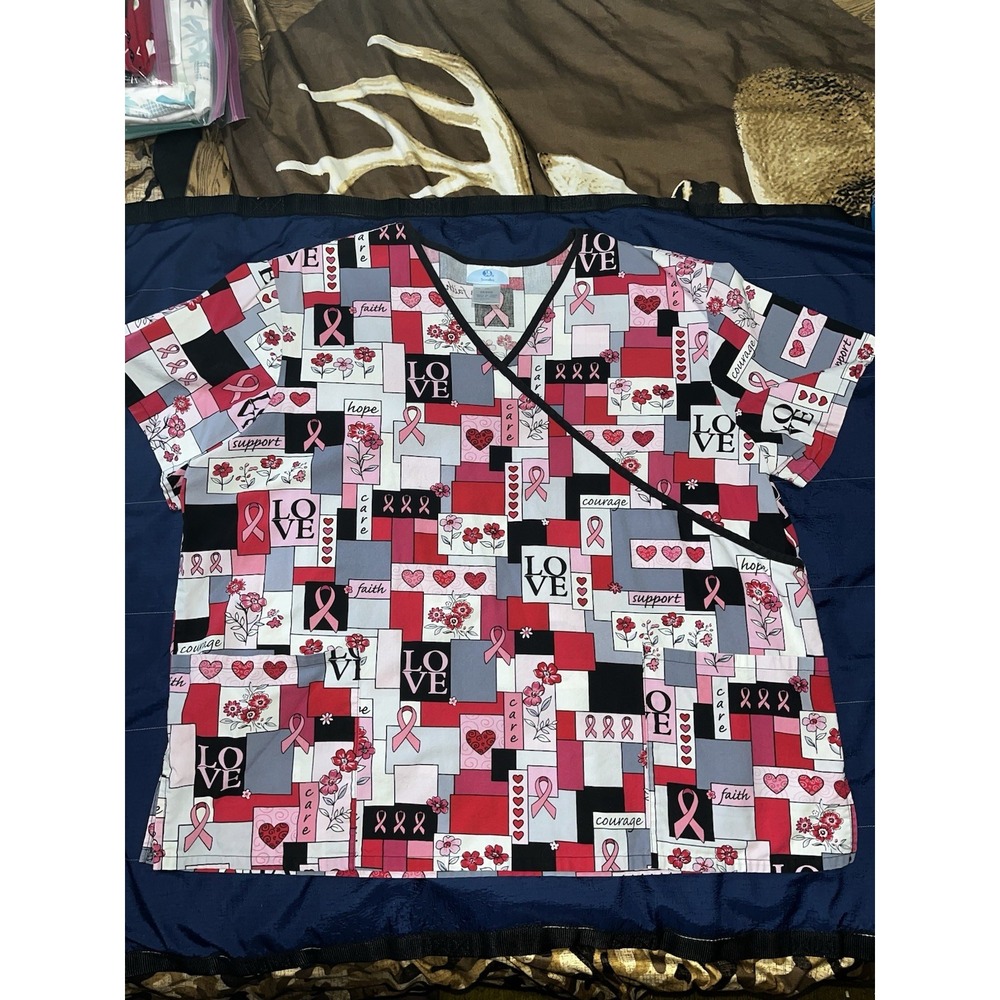 SB Scrubs Women's Medical Scrub Uniform Top Breast Cancer‎ awareness Hearts 2XL